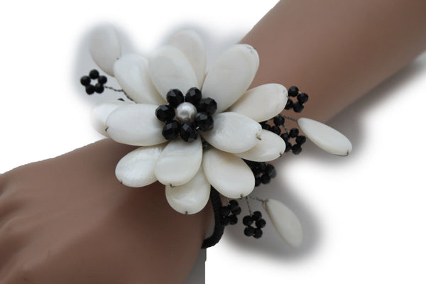 Blue Turquoise / Red / White / White + Black Beads Bracelet Cuff Elastic Band Big Flower Charm New Women Fashion Jewelry Accessories - alwaystyle4you - 1