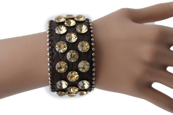 Brown Leather Bracelet Metal Studs Multi Gold Rhinestones New Women Fashion Jewelry Accessories - alwaystyle4you - 3