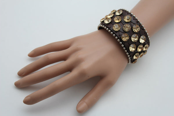 Brown Leather Bracelet Metal Studs Multi Gold Rhinestones New Women Fashion Jewelry Accessories - alwaystyle4you - 5
