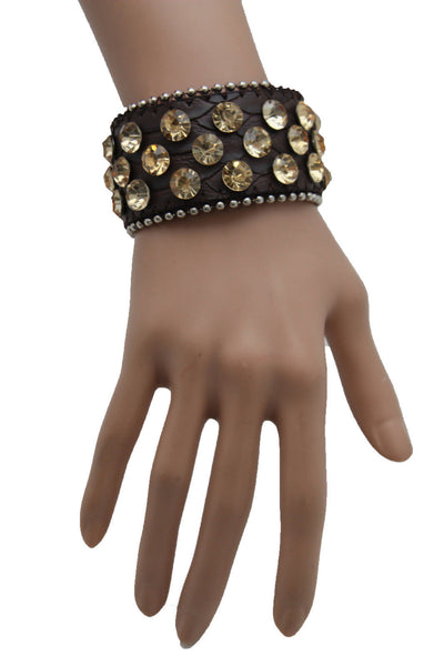 Brown Leather Bracelet Metal Studs Multi Gold Rhinestones New Women Fashion Jewelry Accessories - alwaystyle4you - 6