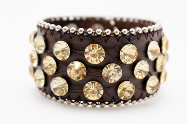 Brown Leather Bracelet Metal Studs Multi Gold Rhinestones New Women Fashion Jewelry Accessories