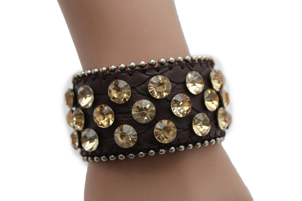 Brown Leather Bracelet Metal Studs Multi Gold Rhinestones New Women Fashion Jewelry Accessories - alwaystyle4you - 8