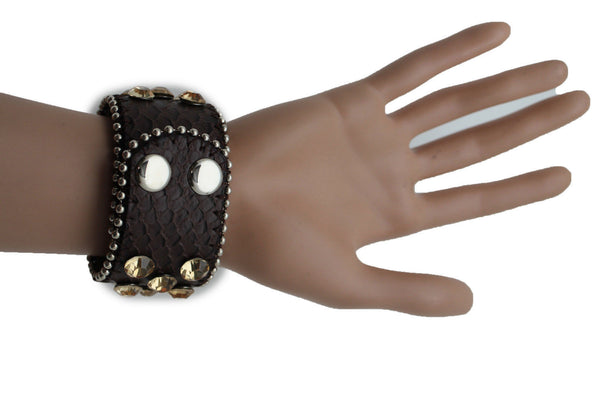 Brown Leather Bracelet Metal Studs Multi Gold Rhinestones New Women Fashion Jewelry Accessories - alwaystyle4you - 9