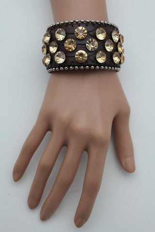 Brown Leather Bracelet Metal Studs Multi Gold Rhinestones New Women Fashion Jewelry Accessories - alwaystyle4you - 1