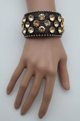 Brown Leather Bracelet Metal Studs Multi Gold Rhinestones Women Fashion Jewelry Accessories - alwaystyle4you - 1