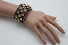Brown Leather Bracelet Metal Studs Multi Gold Rhinestones New Women Fashion Jewelry Accessories - alwaystyle4you - 2
