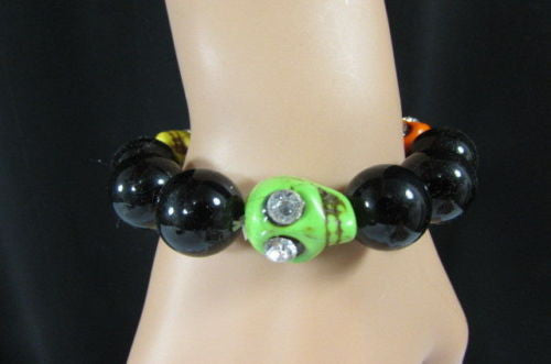 Black Beads Adjustable Bracelet Elastic Yellow Orange Red Green Skulls Halloween Jewelry New Women Fashion Accessories - alwaystyle4you - 6