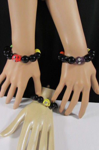 Black Beads Adjustable Bracelet Elastic Yellow Orange Red Green Skulls Halloween Women Accessories