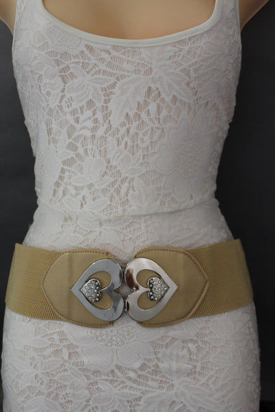 Gold / Gray Elastic Band Hip Waist Belt Silver Metal Heart Multi Rhinestones Buckle New Women Fashion Accessories S M - alwaystyle4you - 3