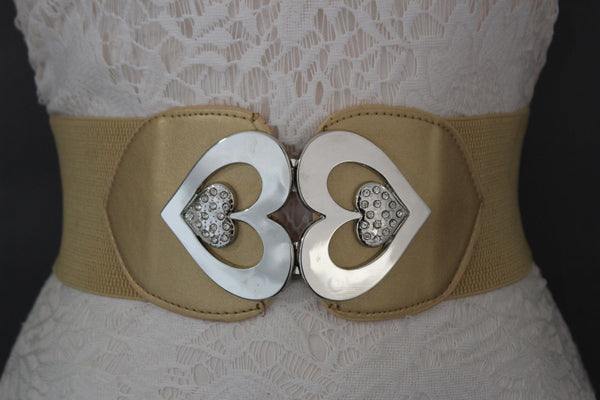 Gold / Gray Elastic Band Hip Waist Belt Silver Metal Heart Multi Rhinestones Buckle New Women Fashion Accessories S M - alwaystyle4you - 5