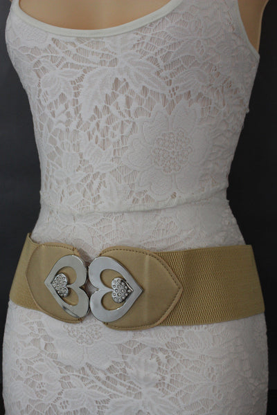 Gold / Gray Elastic Band Hip Waist Belt Silver Metal Heart Multi Rhinestones Buckle New Women Fashion Accessories S M - alwaystyle4you - 6