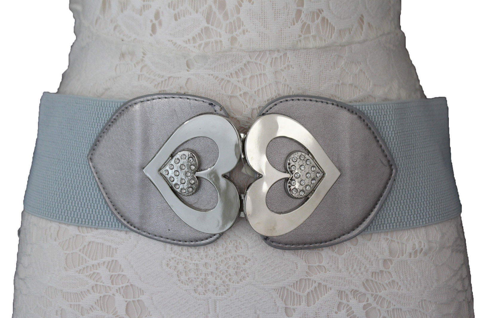 Gold / Gray Elastic Band Hip Waist Belt Silver Metal Heart Multi Rhinestones Buckle New Women Fashion Accessories S M - alwaystyle4you - 2