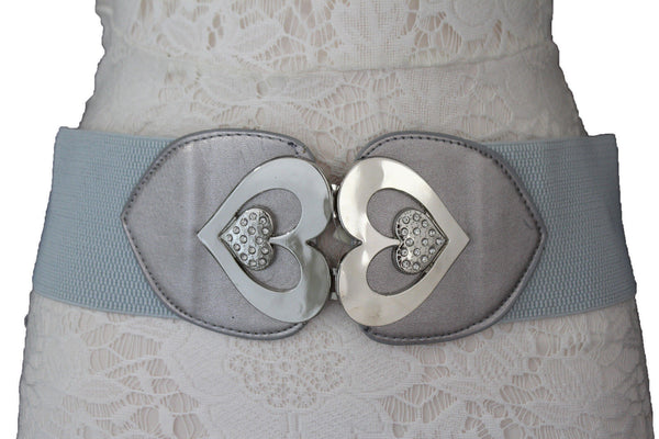Gold Gray Elastic Belt Silver Heart Multi Rhinestones Women Fashion Accessories S M