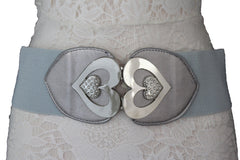 Gold / Gray Elastic Band Hip Waist Belt Silver Metal Heart Multi Rhinestones Buckle New Women Fashion Accessories S M - alwaystyle4you - 2