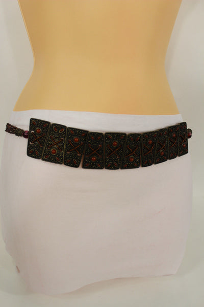 Antique Gold Metal Plates Vintage Japan Black / Brown / Red Multi Beads Tie Skinny Belt New Women Accessories S M L - alwaystyle4you - 13