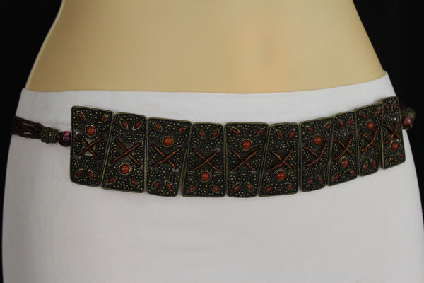 Antique Gold Metal Plates Vintage Japan Black / Brown / Red Multi Beads Tie Skinny Belt New Women Accessories S M L - alwaystyle4you - 3