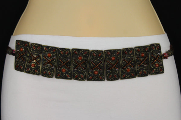 Antique Gold Metal Plates Vintage Japan Black / Brown / Red Multi Beads Tie Skinny Belt New Women Accessories S M L - alwaystyle4you - 27