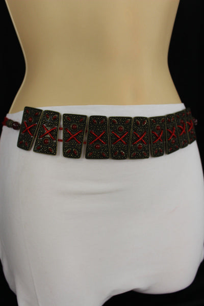 Antique Gold Metal Plates Vintage Japan Black / Brown / Red Multi Beads Tie Skinny Belt New Women Accessories S M L - alwaystyle4you - 7