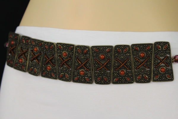 Antique Gold Metal Plates Vintage Japan Black / Brown / Red Multi Beads Tie Skinny Belt New Women Accessories S M L - alwaystyle4you - 30