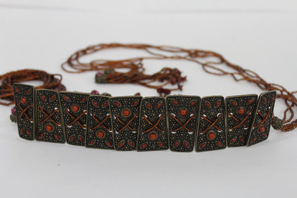 Antique Gold Metal Plates Vintage Japan Black / Brown / Red Multi Beads Tie Skinny Belt New Women Accessories S M L - alwaystyle4you - 31