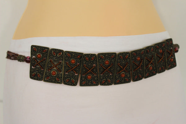 Antique Gold Plates Vintage Japan Brown Red Multi Beads Belt Women Accessories S M L