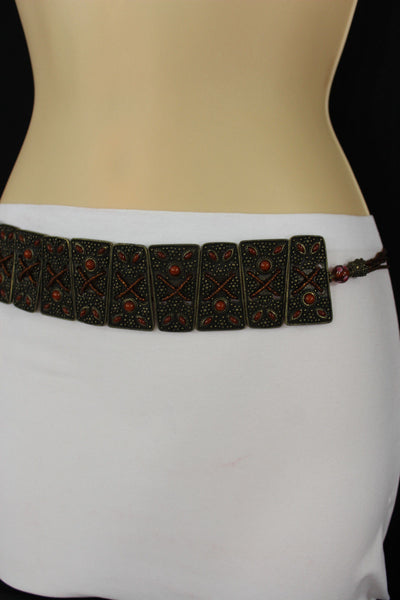 Antique Gold Metal Plates Vintage Japan Black / Brown / Red Multi Beads Tie Skinny Belt New Women Accessories S M L - alwaystyle4you - 34