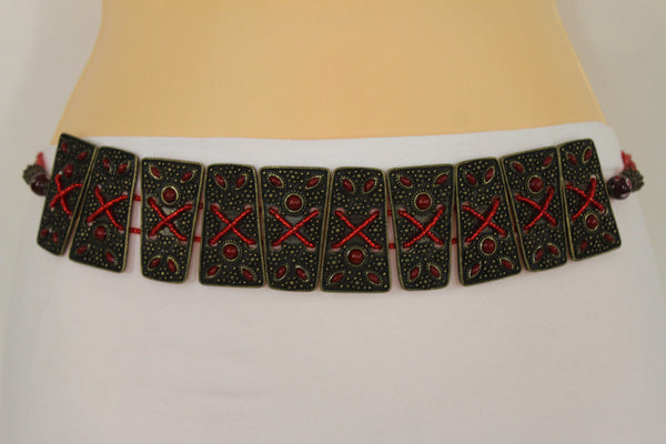 Antique Gold Metal Plates Vintage Japan Black / Brown / Red Multi Beads Tie Skinny Belt New Women Accessories S M L - alwaystyle4you - 38