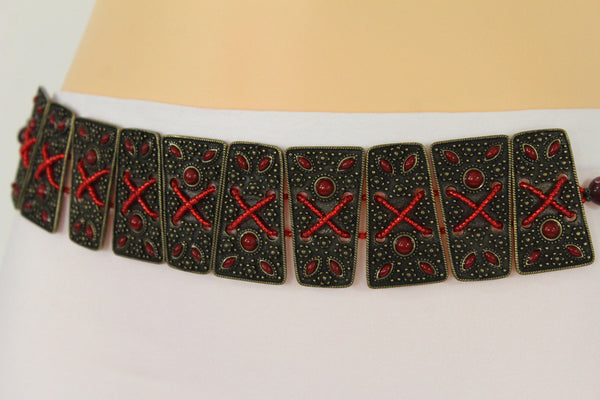 Antique Gold Metal Plates Vintage Japan Black / Brown / Red Multi Beads Tie Skinny Belt New Women Accessories S M L - alwaystyle4you - 9