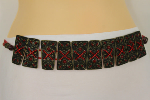 Antique Gold Metal Plates Vintage Japan Black / Brown / Red Multi Beads Tie Skinny Belt New Women Accessories S M L - alwaystyle4you - 41