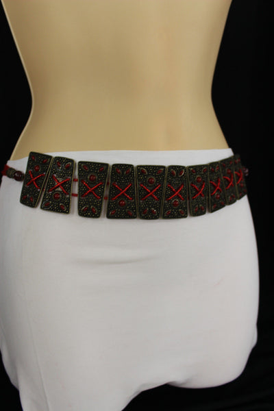Antique Gold Metal Plates Vintage Japan Black / Brown / Red Multi Beads Tie Skinny Belt New Women Accessories S M L - alwaystyle4you - 43