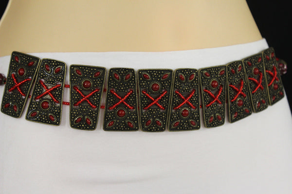 Antique Gold Metal Plates Vintage Japan Black / Brown / Red Multi Beads Tie Skinny Belt New Women Accessories S M L - alwaystyle4you - 44