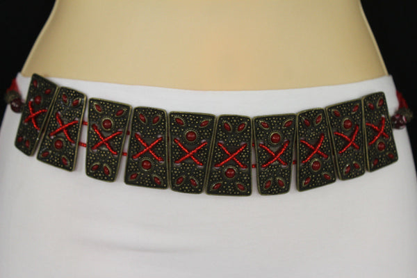 Antique Gold Metal Plates Vintage Japan Black / Brown / Red Multi Beads Tie Skinny Belt New Women Accessories S M L - alwaystyle4you - 2