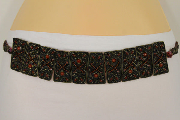 Antique Gold Metal Plates Vintage Japan Black / Brown / Red Multi Beads Tie Skinny Belt New Women Accessories S M L - alwaystyle4you - 11