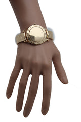 Gold Metal Cuff Bracelet Elastic Wrist Fake Watch Band Women Fashion Jewelry Accessories - alwaystyle4you - 1