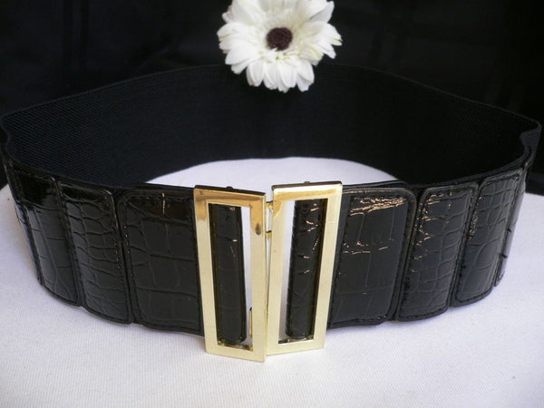 Black Faux Leather Stretch Back Hip High Waist Elastic Belt Gold Square Metal Buckle New Women Fashion Accessories S M - alwaystyle4you - 2