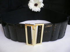 Black Faux Leather Stretch Back Hip High Waist Elastic Belt Gold Square Metal Buckle New Women Fashion Accessories S M - alwaystyle4you - 2