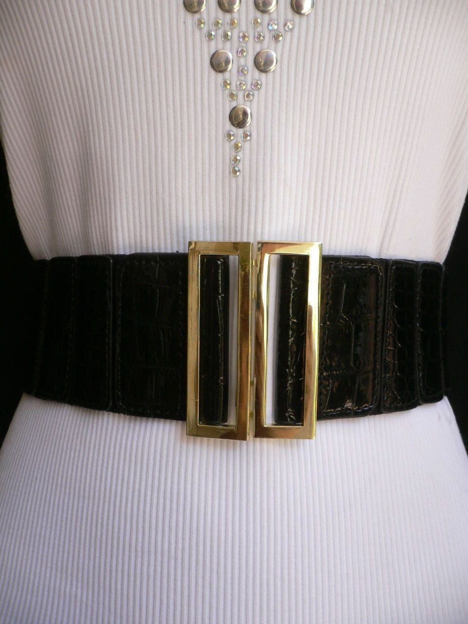 Black Faux Leather Stretch Back Hip High Waist Elastic Belt Gold Square Metal Buckle S M Black