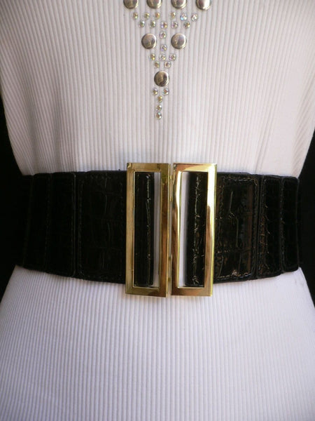 Black Faux Leather Stretch Back Hip High Waist Elastic Belt Gold Square Metal Buckle New Women Fashion Accessories S M - alwaystyle4you - 3