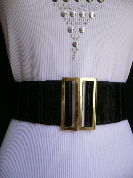 Black Faux Leather Stretch Back Hip High Waist Elastic Belt Gold Square Metal Buckle New Women Fashion Accessories S M - alwaystyle4you - 6