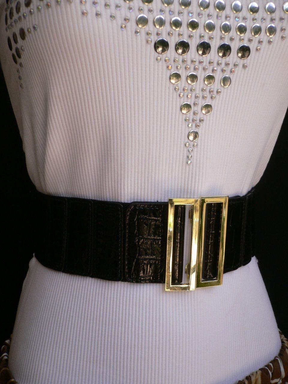 Plus Size Black Elastic Stretch Statement Belt with Gold Rhinestone Buckle Black Faux Leather Stretch Back Hip High Waist Elastic Belt  main image 3
