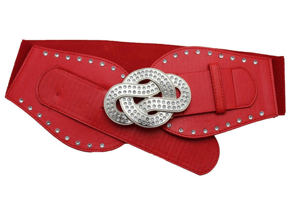 New Women Red Color Corset Belt Hip High Waist Silver Metal Infinity Buckle S M