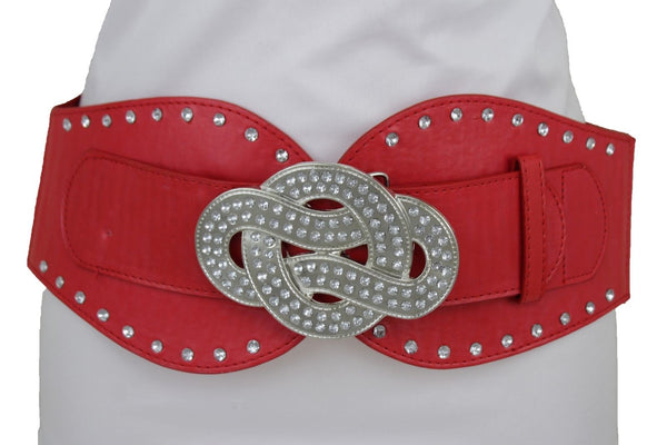 New Women Red Color Corset Belt Hip High Waist Silver Metal Infinity Buckle S M
