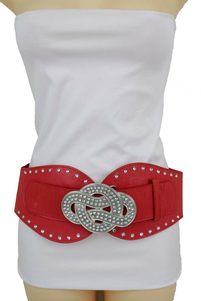 New Women Red Color Corset Belt Hip High Waist Silver Metal Infinity Buckle S M