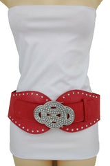 Women Red Color Corset Belt Hip High Waist Silver Metal Infinity Buckle S M