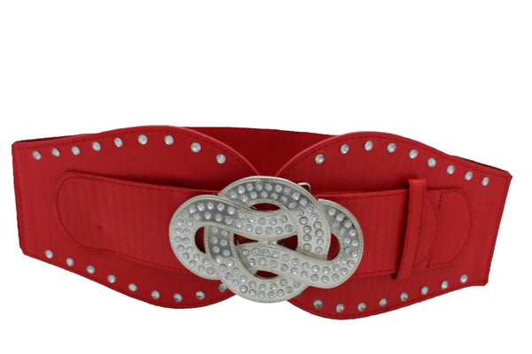 New Women Red Color Corset Belt Hip High Waist Silver Metal Infinity Buckle S M