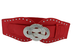 Women Red Color Corset Belt Hip High Waist Silver Metal Infinity Buckle S M