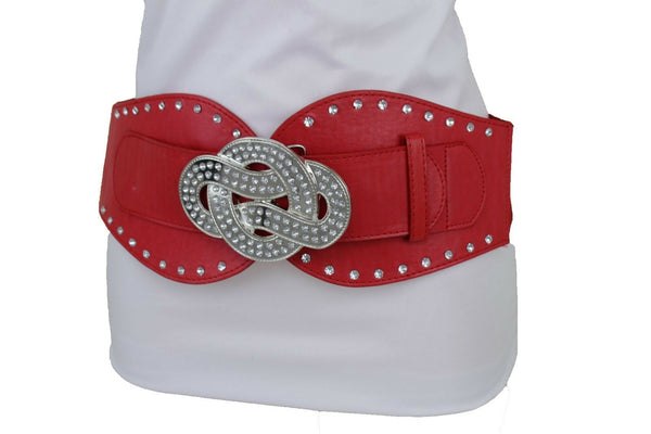New Women Red Color Corset Belt Hip High Waist Silver Metal Infinity Buckle S M