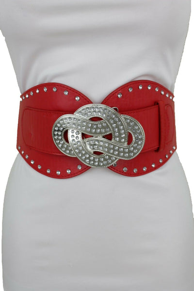 New Women Red Color Corset Belt Hip High Waist Silver Metal Infinity Buckle S M