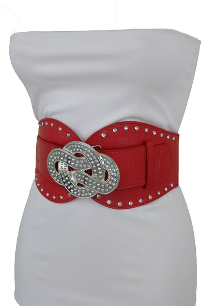 New Women Red Color Corset Belt Hip High Waist Silver Metal Infinity Buckle S M