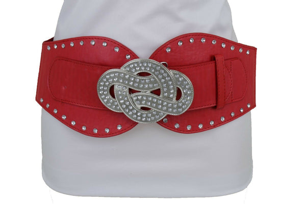 New Women Red Color Corset Belt Hip High Waist Silver Metal Infinity Buckle S M